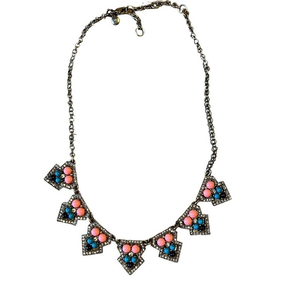 J Crew Antique Look Statement Bib Necklace Gold Peach Blue Rhinestones - Picture 6 of 7